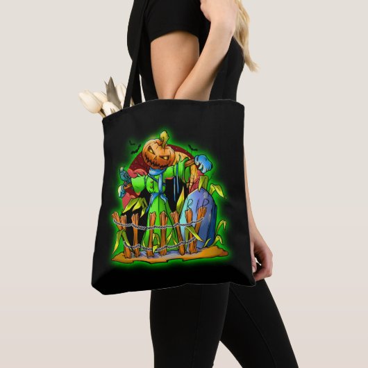 Halloween Lady Scarecrow Pumpkin Head RIP Bats Tote Bag (Dichtbij)
