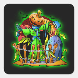 Halloween Lady Scarecrow Pumpkin Head RIP Bats Vierkante Sticker