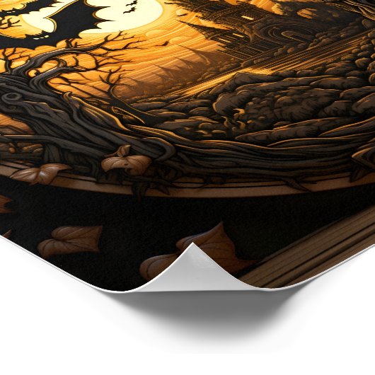Halloween landschap in het bos met zwarte vleermui poster (Hoek)