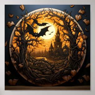 Halloween landschap in het bos met zwarte vleermui poster