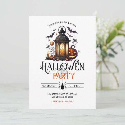 Halloween Lantaarn Baths & Spider Party Uitnodigin Kaart (Staand voorkant)
