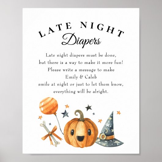 Halloween "late nacht diapers" Baby shower Game Poster (Voorkant)