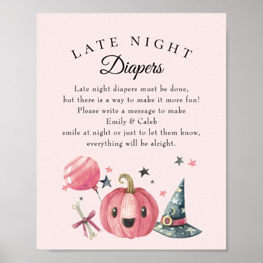 Halloween "late nacht diapers" Baby shower Game Poster (Voorkant)