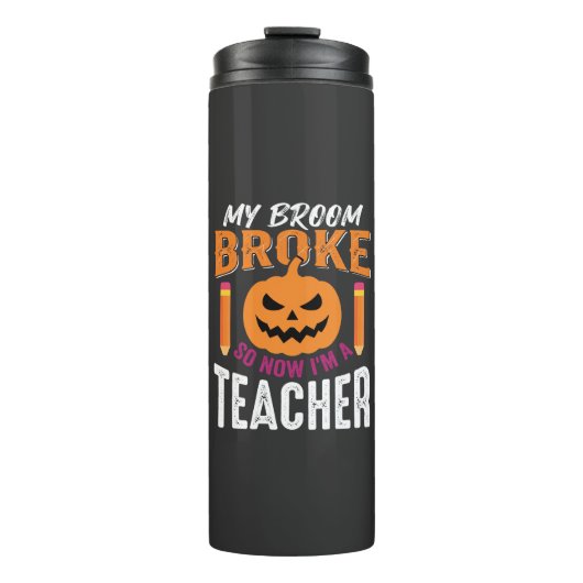 Halloween Leraar Bezem Gebroken Pompoen Ontwerp Thermosbeker (Voorkant)
