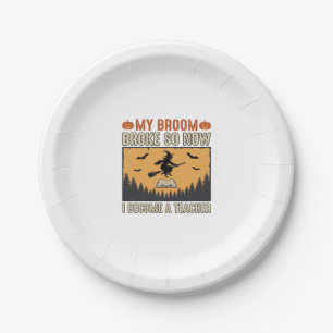 Halloween Leraar Bezem Gebroken Vintage Ontwerp_1 Papieren Bordje