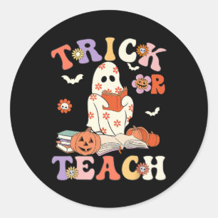 Halloween leraar truc of leer groovy bloemenhok ronde sticker