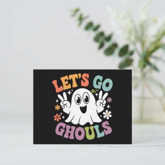 Halloween Let's Go Ghouls Ghost Retro Kostuum Briefkaart (Staand voorkant)