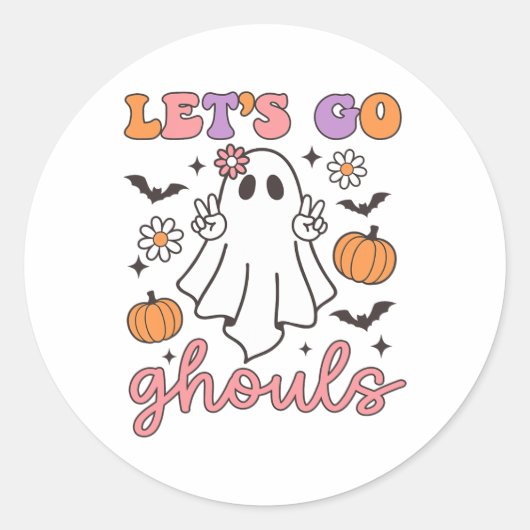 Halloween Let's Go Ghouls Ghost Retro Kostuum Vrou Ronde Sticker (Voorkant)
