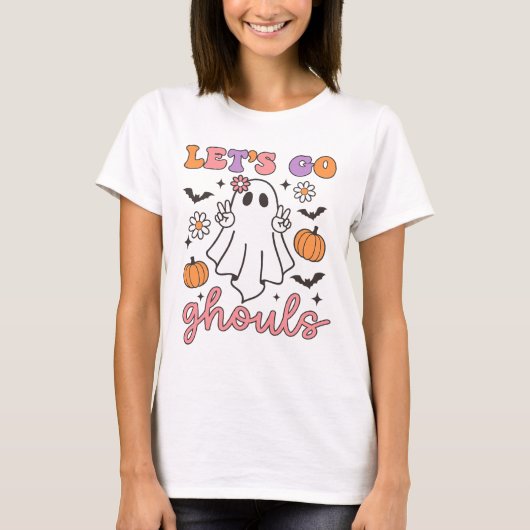 Halloween Let's Go Ghouls Ghost Retro Kostuum Vrou T-shirt (Voorkant)