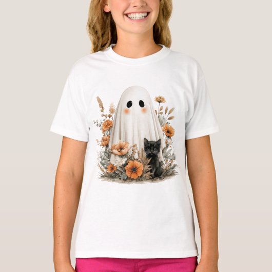 Halloween Leuk T-Shirt - Schattige Ghost & Kittie (Voorkant)