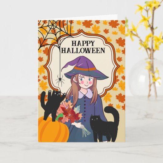 Halloween Leuke Heks met Katten en Spin Kaart (Gele Bloem)