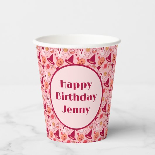 Halloween Leuke Verjaardag Naam toevoegen Roze Pas Papieren Bekers (Voorkant)