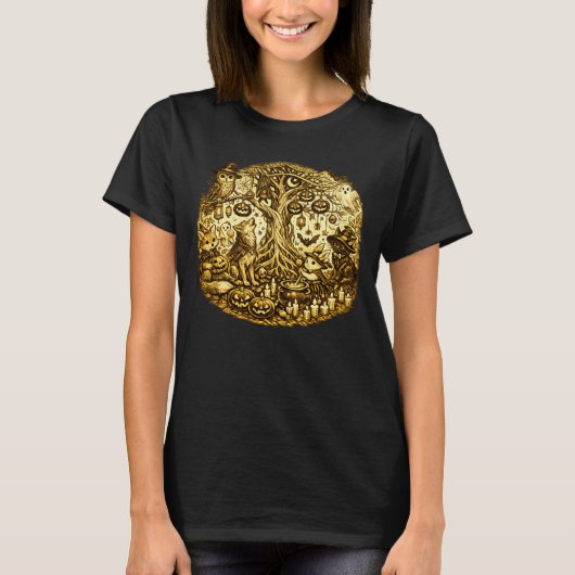 Halloween Levensboom Bosdieren Schets T-shirt (Voorkant)