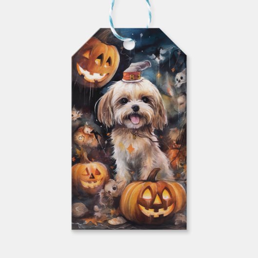 Halloween Lhasa Apso met pompoenen eng Cadeaulabel (Voorkant)