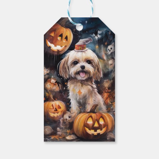 Halloween Lhasa Apso met pompoenen eng Cadeaulabel (Achterkant)