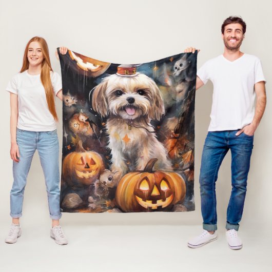 Halloween Lhasa Apso met pompoenen eng Fleece Deken (In situ)