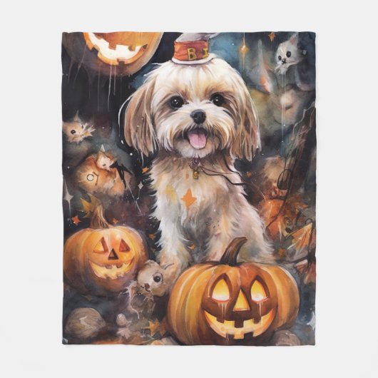 Halloween Lhasa Apso met pompoenen eng Fleece Deken (Voorkant)