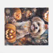 Halloween Lhasa Apso met pompoenen eng Fleece Deken (Voorkant (Horizontaal))
