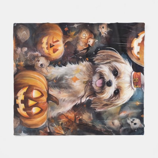 Halloween Lhasa Apso met pompoenen eng Fleece Deken (Voorkant (Horizontaal))
