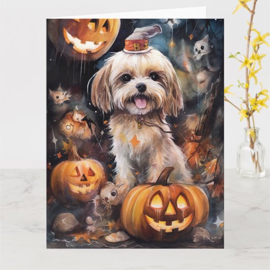 Halloween Lhasa Apso met pompoenen eng Kaart (Gele Bloem)