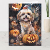 Halloween Lhasa Apso met pompoenen eng Kaart (Voorkant)