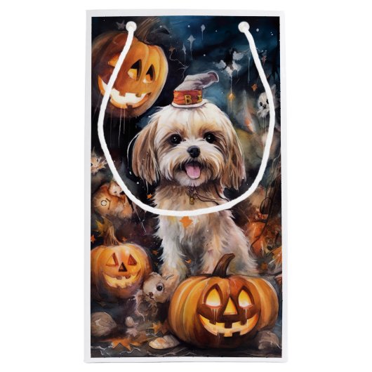 Halloween Lhasa Apso met pompoenen eng Klein Cadeauzakje (Achterkant)
