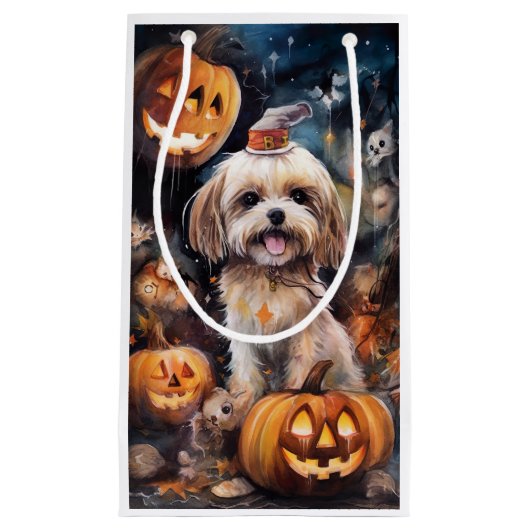 Halloween Lhasa Apso met pompoenen eng Klein Cadeauzakje (Voorkant)