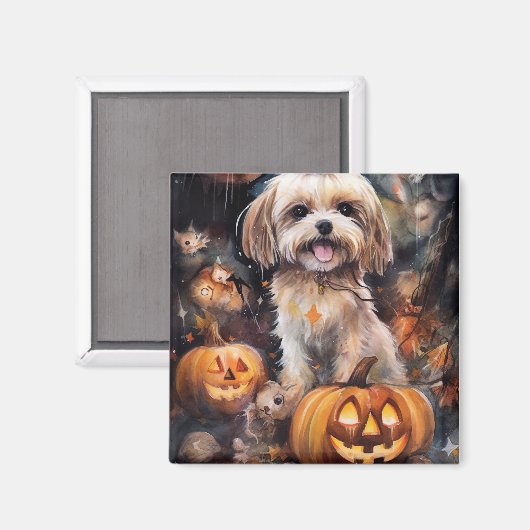 Halloween Lhasa Apso met pompoenen eng Magneet (Voorkant / Achterkant)
