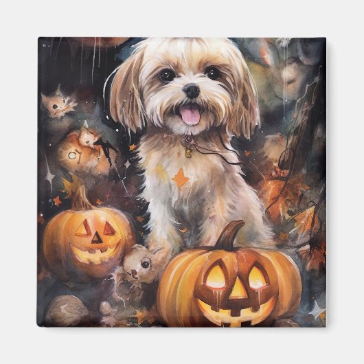 Halloween Lhasa Apso met pompoenen eng Magneet (Voorkant)