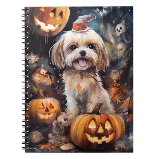 Halloween Lhasa Apso met pompoenen eng Notitieboek (Voorkant)