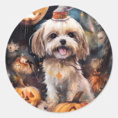 Halloween Lhasa Apso met pompoenen eng Ronde Sticker (Voorkant)