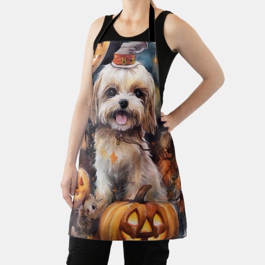 Halloween Lhasa Apso met pompoenen eng Schort (Insitu)
