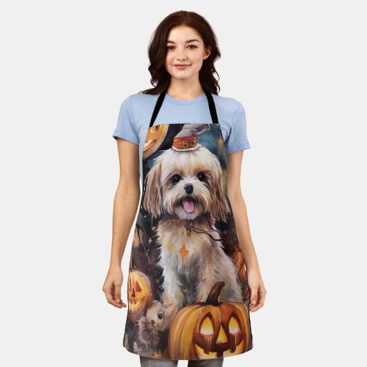 Halloween Lhasa Apso met pompoenen eng Schort (Gedragen)