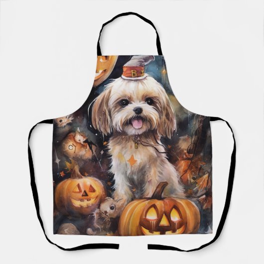 Halloween Lhasa Apso met pompoenen eng Schort (Voorkant)