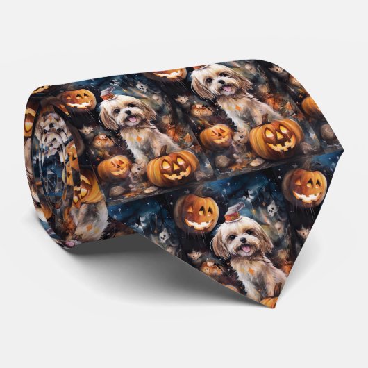 Halloween Lhasa Apso Met Pompoenen Eng  Stropdas (Opgerold)