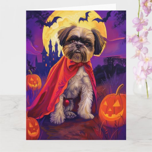 Halloween Lhasa Apso Vampire Pumpkins eng Kaart (Orchidee)
