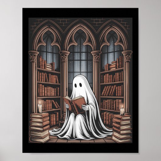 Halloween Librarian Ghost Reading Books Liefhebber Poster (Voorkant)