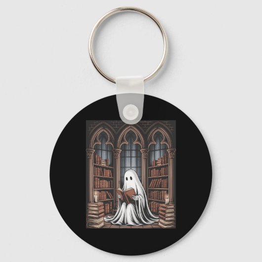Halloween Librarian Ghost Reading Books Liefhebber Sleutelhanger (Voorkant)