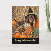 Halloween Lief en Grappig Uil en Dachshund Puppy Kaart (Voorkant)