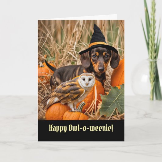 Halloween Lief en Grappig Uil en Dachshund Puppy Kaart (Voorkant)