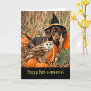 Halloween Lief en Grappig Uil en Dachshund Puppy Kaart