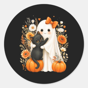 Halloween Lief Geestje Zwarte Kat Pompoen Bloem Ronde Sticker