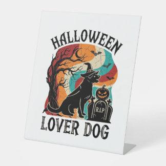 Halloween Liefhebber Hond Heks Hoed Pompoen Grafst Reclamebord Met Voetstuk