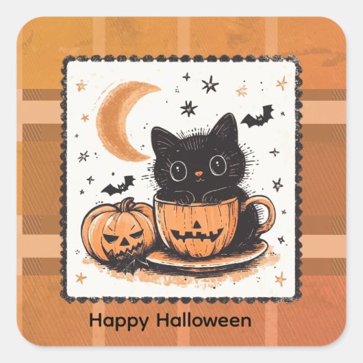 Halloween Lieve Kat Pompoen Vierkante Sticker (Voorkant)