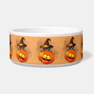 Halloween Lieve Kittige Heks en Pompoen Vriend  Voerbakje