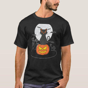 Halloween Lieve Zwarte Kat Op Pompoen Volle Maan V T-shirt