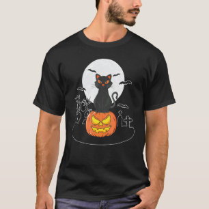 Halloween Lieve Zwarte Kat Op Pompoen Volle Maan V T-shirt