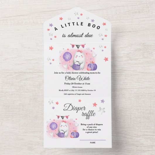 Halloween Little Boo Baby shower Roze en Paarse All In One Uitnodiging (Binnen)