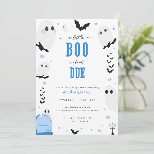 Halloween Little Boo Blue Baby shower Invitation Kaart (Staand voorkant)