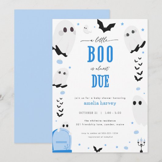 Halloween Little Boo Blue Baby shower Invitation Kaart (Voorkant / Achterkant)